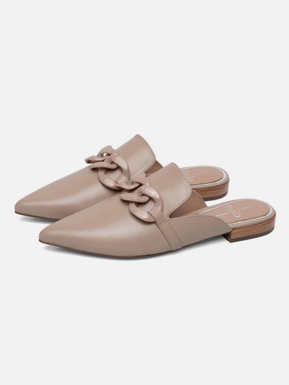Linea Paolo Pointed Toe Chain-Detail Adora Leather Mules in Taupe